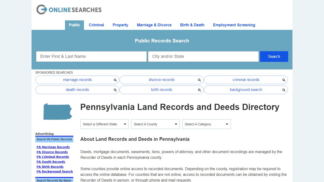 Pennsylvania Land Records and Deeds Search Directory - OnlineSearches.com